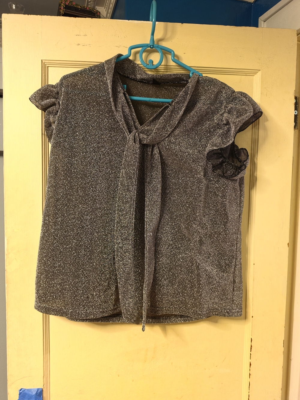 SHEIN Shimmer Tie-Neck Flutter Sleeve Top - Silver